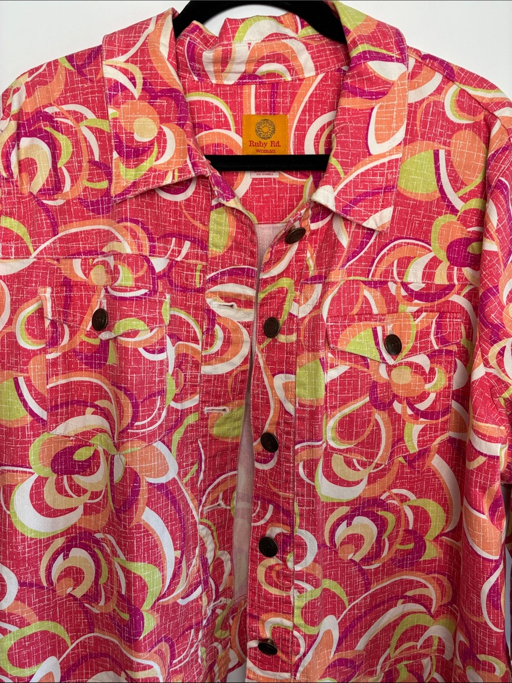 Ruby Rd. Pink Multi-Color Floral Jean Jacket 3/4 Sleeve - Picture 2 of 8